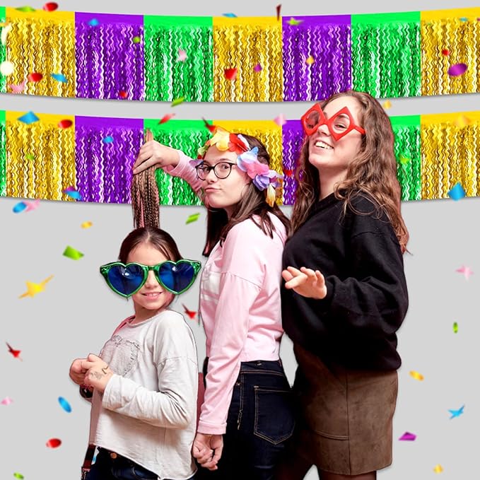 6 Pack 10 Feet Gold Green Purple Wave Foil Fringe Garland Metallic Tinsel Streamers Banner Wall Hanging Curtain Backdrop for Parade Floats, Mother's Day, Easter, Wedding, Birthday Party Decoration