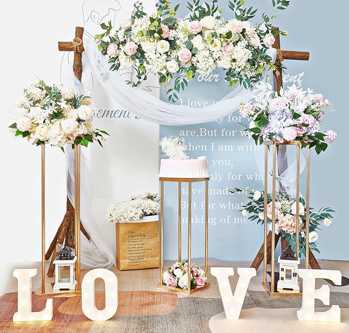 Set of 2 Wedding Centerpieces Geometric High Gold Vases - 31.5" Artificial Flower Display Stand for Wedding Christmas Carnival Party Dinner Event Hotel Home Decor Arrangement