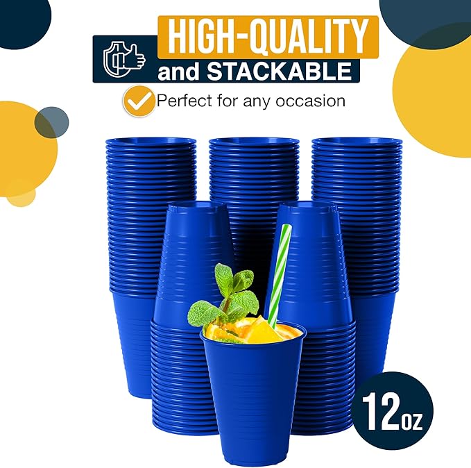 Exquisite Party Solids 12 Oz Blue Plastic Cups For Party Supplies 50 Pack | Blue Disposable Cups Plastic | Disposable Drinkware For Parties, Events & Everyday
