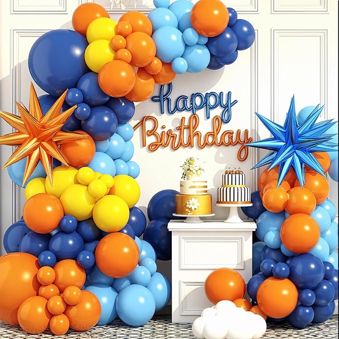 Blue and Orange Yellow Balloon Arch Kit with Star Foil Balloons, Orange Blue and Yellow Balloons Garland Kit for Kids Birthday Baby Shower Graduation Engagement Party Decorations Supplies