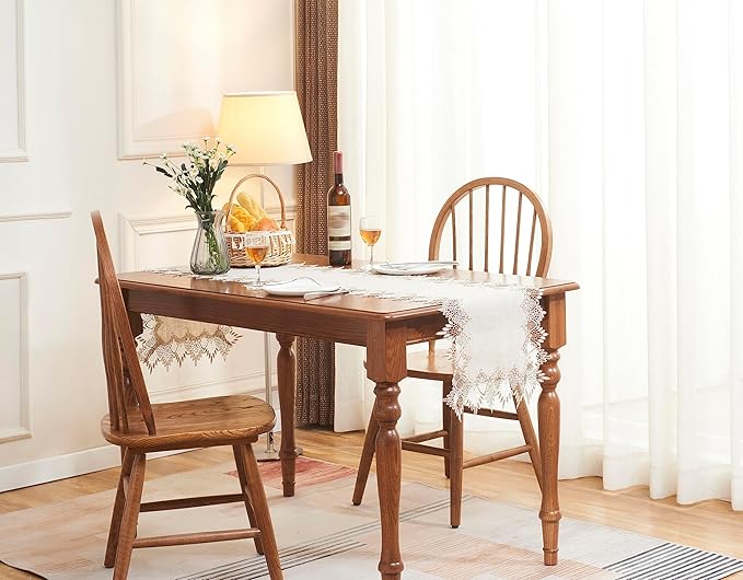 Natural Linen Table Runner 72 inches Neutral Earth Tones Beige Lace Coffee Table Runners Dresser Scarf for Easter Spring Summer Kitchen Wedding Party, Machine Washable (Natural, 16”x72”)