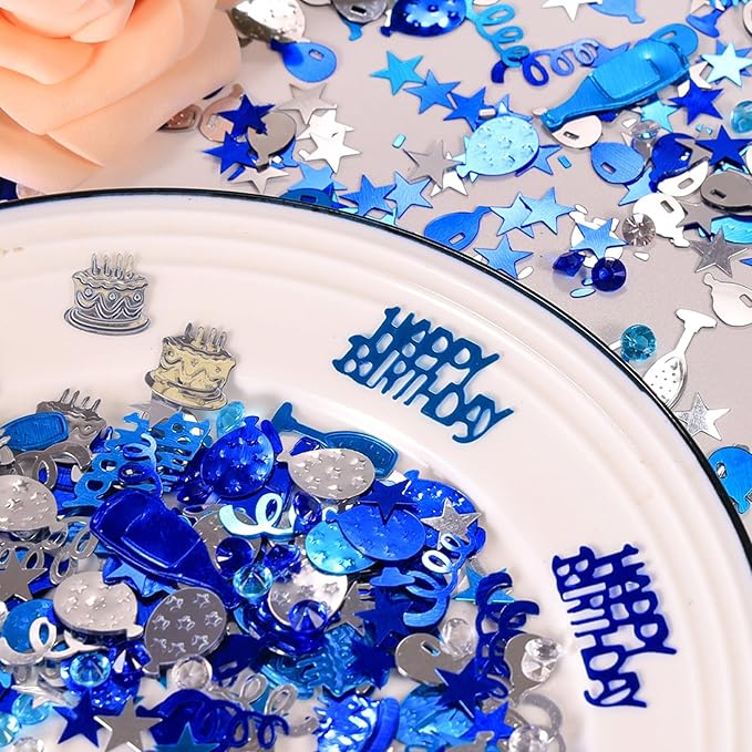 VHUWE Happy Birthday Confetti, 1.6 oz Dark Blue Light Blue Silver Cake Balloon Star Goblet Bottle Glitter Confetti for Boys Girls Kids Women Men Happy Birthday Party Table Decorations Supplies