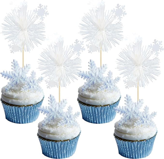 Gyufise 20Pcs Foil Firework Cupcake Toppers Sparkle Tinsel Cake Toppers Tinsel Drink Cake Decoration Cocktail Picks for Birthday Wedding Graduation Party Supplies White