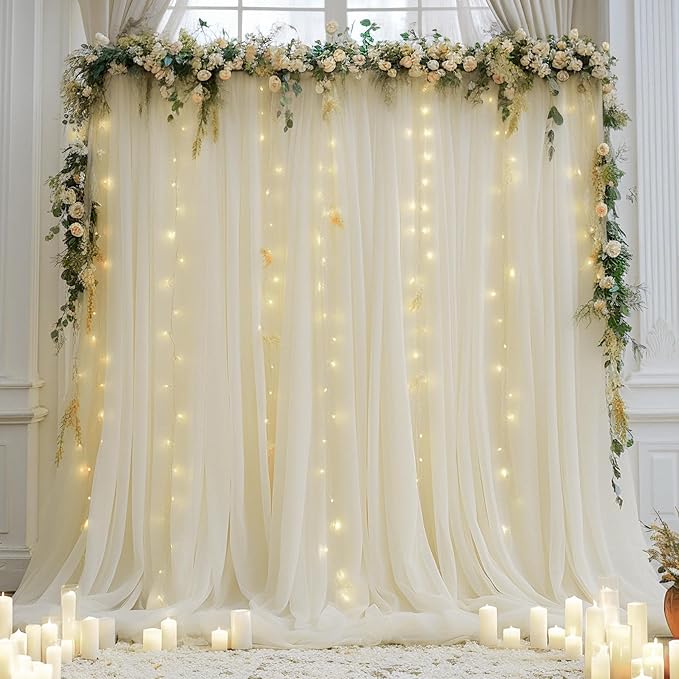 10ft x 10ft Ivory Backdrop Curtain with Lights String for Parties, Sheer Tulle Wedding Photo Backdrops Drapes for Baby Shower Birthday Party Decorations Background for Photography