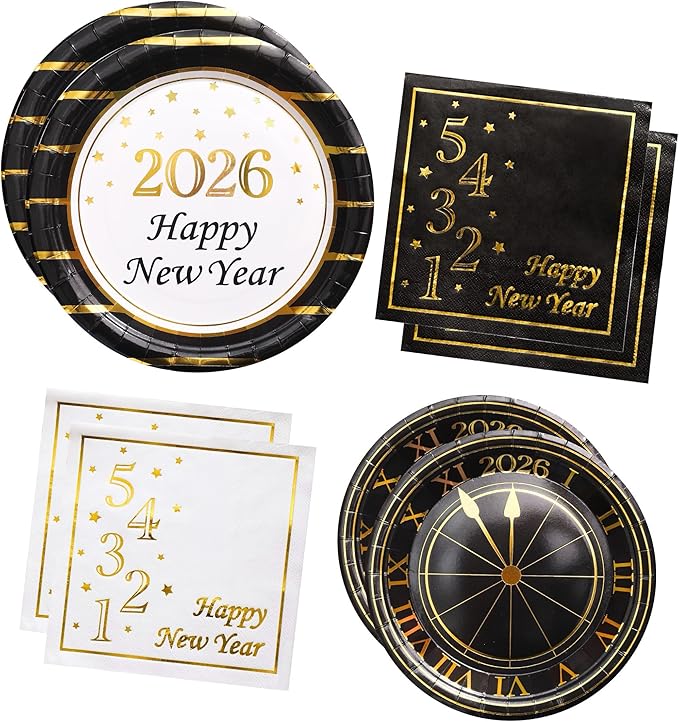 2026 New Year Plates and Napkins Party Supplies - Serves 25 - Happy New Year Eve 9 Inch and 7 Inch Plates, Napkins NY Party Decorations Favors