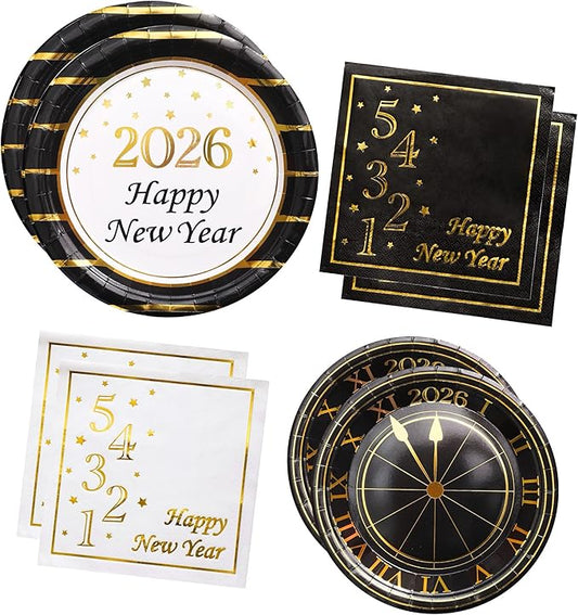2026 New Year Plates and Napkins Party Supplies - Serves 25 - Happy New Year Eve 9 Inch and 7 Inch Plates, Napkins NY Party Decorations Favors