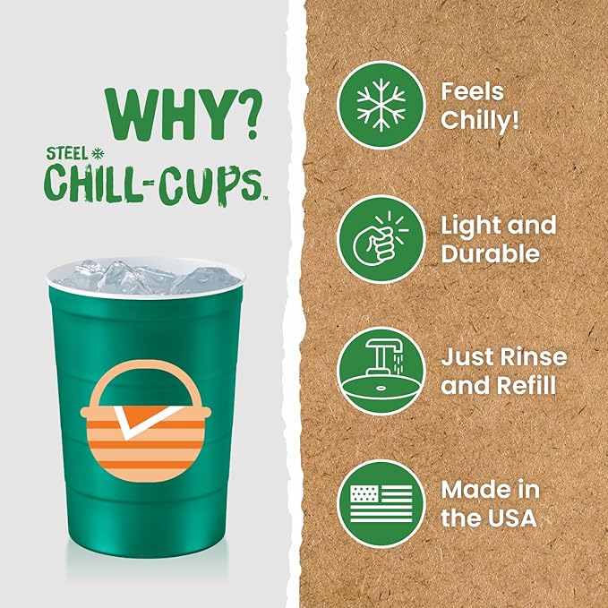 16 oz. Party Cup Summer BBQ Grill Picnic Design for Cold Drinks, Sturdy, Durable, Disposable, Recyclable, Made in USA, Green 12 Count