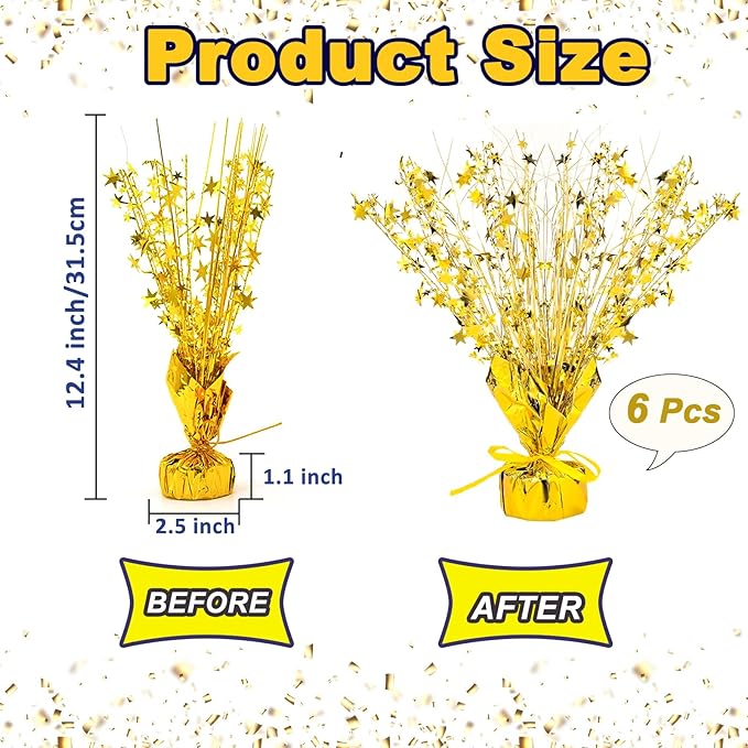 6 Pack Metallic Foil Spray Centerpiece Star Table Decoration Burst Table Centerpieces for Birthday New Years Nye Wedding Anniversary Graduation Holiday Party Supplies Decor, Gold
