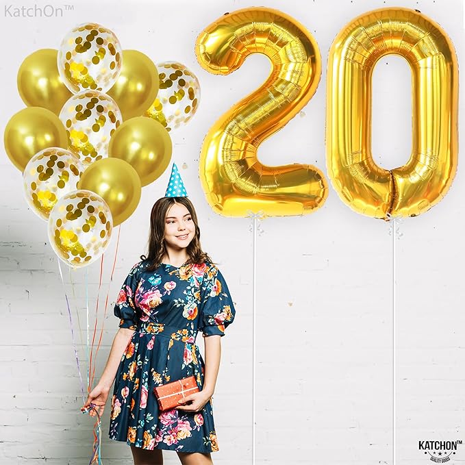 KatchOn, Gold 20 Balloon Numbers - Pack of 16 | Foil Balloon For 20th Birthday Decorations | 20th Anniversary Decorations | Gold Birthday Party Decoration