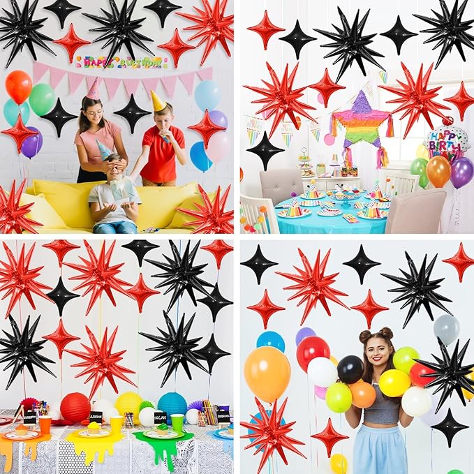 Black Red Star Balloon,6Pcs 22Inch Explosion Star Balloons and 10Pcs 10Inch Four Angle Balloons Kit for Halloween Birthday Anniversary Graduation Baby Shower Wedding Party Decorations
