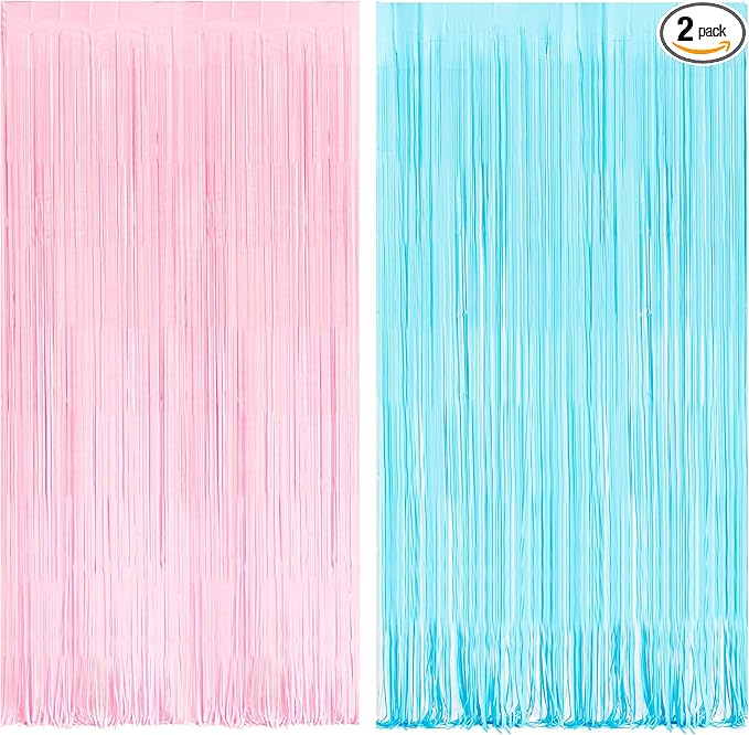 BRAVESHINE Tinsel Photo Backdrop Curtains - 2 Pack 3.2x8.2ft Pastel Pink Blue Foil Fringe Streamer Curtain for Christmas/Boy or Girl Birthdays/Mermaid/Candy/Donuts/Easter/Engagement Party Decorations