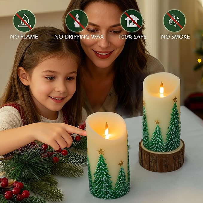 Christmas Tree Flameless Candles with Remote and Timer, Real Wax LED Pillar Candle with Flickering Flame, Embossed Design, Battery Operated Candles Xams Holiday Home Décor