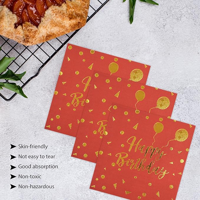 50PCS Happy Birthday Paper Plates and Napkins Party Decorations - 7 Inch Scalloped Red and Gold Dessert Plates and 6.5 Inch Napkins Disposable Tableware Set Birthday Party Supplies, Serves 25