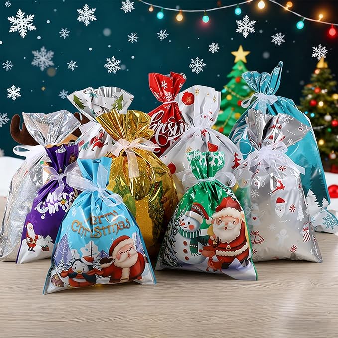 ADDSERK 27PCS Christmas Gift Bags with Tags & Ribbon Ties, Assorted Sizes for Xmas Holiday Present Wrapping & Festival Party Supplies-(Small/Medium/Large)