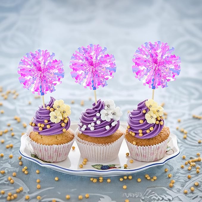 Ephlyn 30Pcs Foil Firework Cupcake Toppers Happy Birthday Cake Toppers Tinsel Flower Drink Stirrers Cocktail Food Fruit Toothpicks for Valentine's Day Party Decorations Rose Red