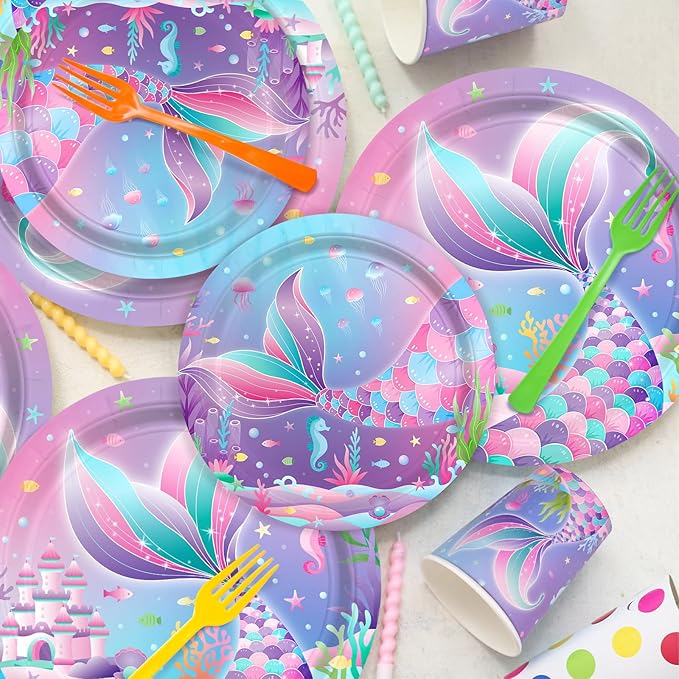 Mermaid Birthday Decorations for 25 Guests - Mermaid party supplies Kit Includes Dinner & Dessert Plates, Cups, Napkins, Banner & Tablecloth for 1st Birthday Party Decorations