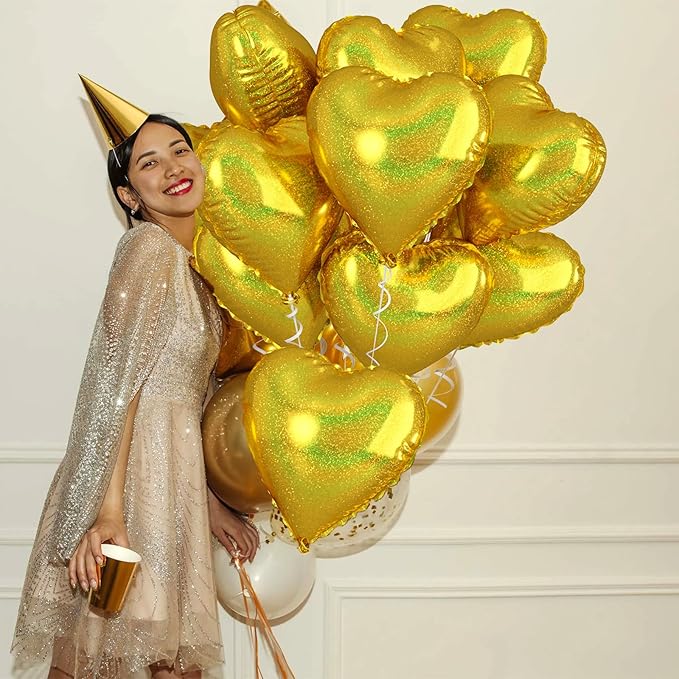 Biapian Glitter Gold Heart Balloons - 10PCS Foil, 18inch Valentines Love Balloons for Valentines Day, Wedding, Graduation, Birthday, Baby Shower Party Decorations