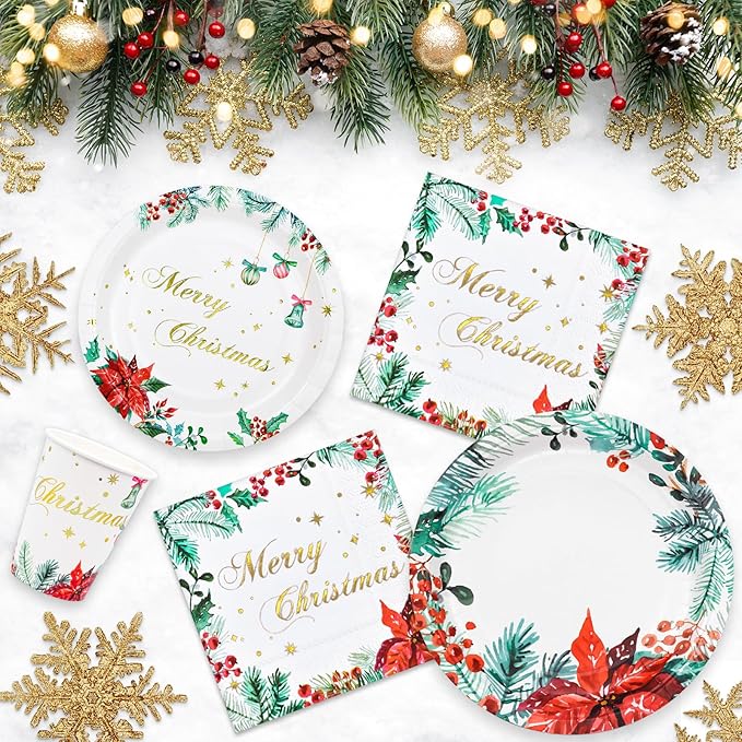 100 Christmas Party Paper Plates Napkins and Cups Set Poinsettia Disposable Dinnerware Set