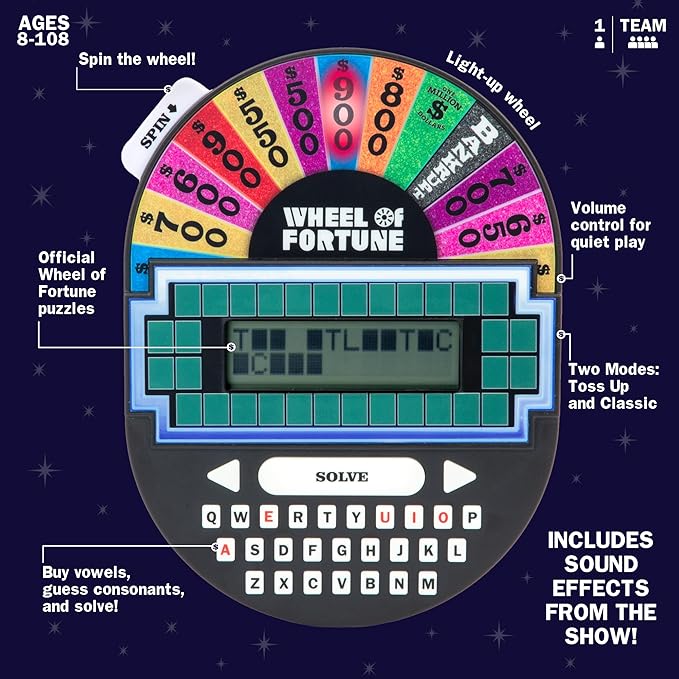 Educational Insights Wheel of Fortune Game - Handheld Electronic Game, Great for Travel, Classic Retro Party Games for Kids, Teens & Adults, Word Puzzle Challenge & Entertaining Gift, Ages 8+