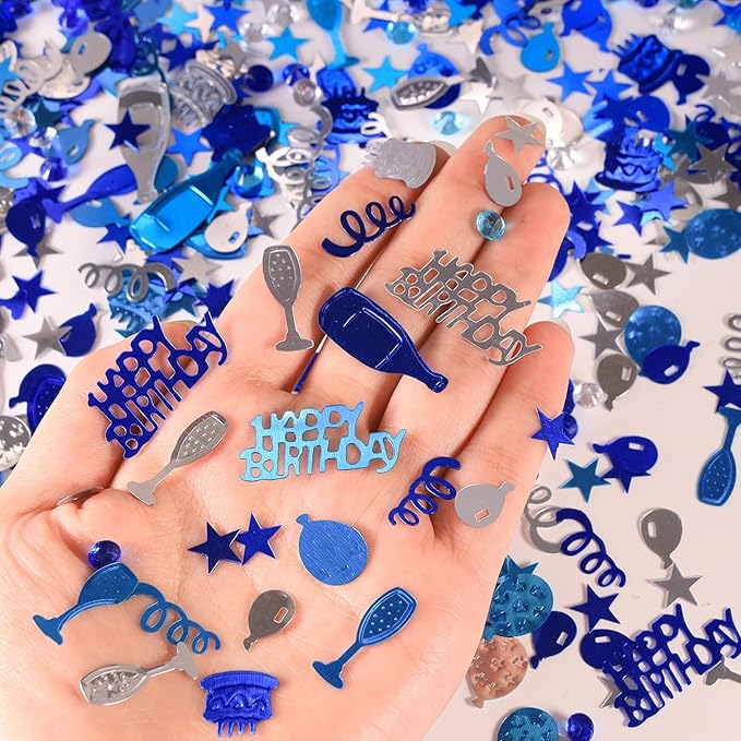 VHUWE Happy Birthday Confetti, 1.6 oz Dark Blue Light Blue Silver Cake Balloon Star Goblet Bottle Glitter Confetti for Boys Girls Kids Women Men Happy Birthday Party Table Decorations Supplies