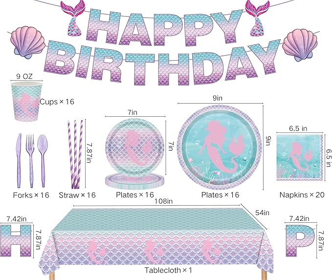 Mermaid Birthday Party Supplies for Girls – 102 PCS Mermaid Party Decorations Set for 16 Guests, Includes Plates, Cups, Napkins, Cutlery, Tablecloth, Banner – Under the Sea / Ocean Theme Baby Shower