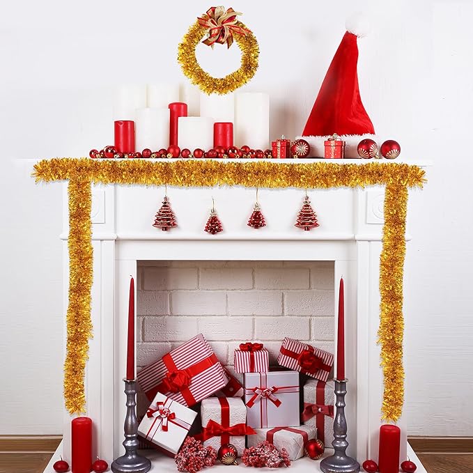 50FT Gold Christmas Tinsel Garland Metallic Twist Xmas Garland for Christmas Tree Decorations Holiday Hanging Garlands for Mantel Staircase Indoor Outdoor Home Office Class Party Holiday Decor