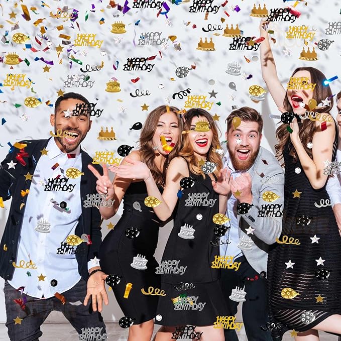 VHUWE Happy Birthday Confetti, 1.6 oz Black Gold Silver Cake Balloon Star Goblet Bottle Glitter Confetti for Happy Birthday Party Decorations Boys Girls Kids Women Men Birthday Table Decorations