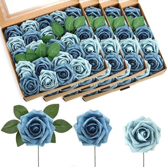 100 Pieces Artificial Foam Rose Flowers Faux Bouquet with Leaves and Stems for DIY Wedding Bouquets Centerpieces Bridal Shower Party Valentine Home Decorations(Blue Two Tone)