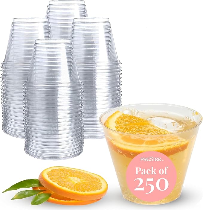 Prestee 250-Pack - 9oz Clear Plastic Cups - Durable Disposable Plastic Wine Glasses for Party, Weddings, and Catering - Small Drinking Glasses for Cocktails and Beverages - Heavy-Duty Fruit Punch Cups