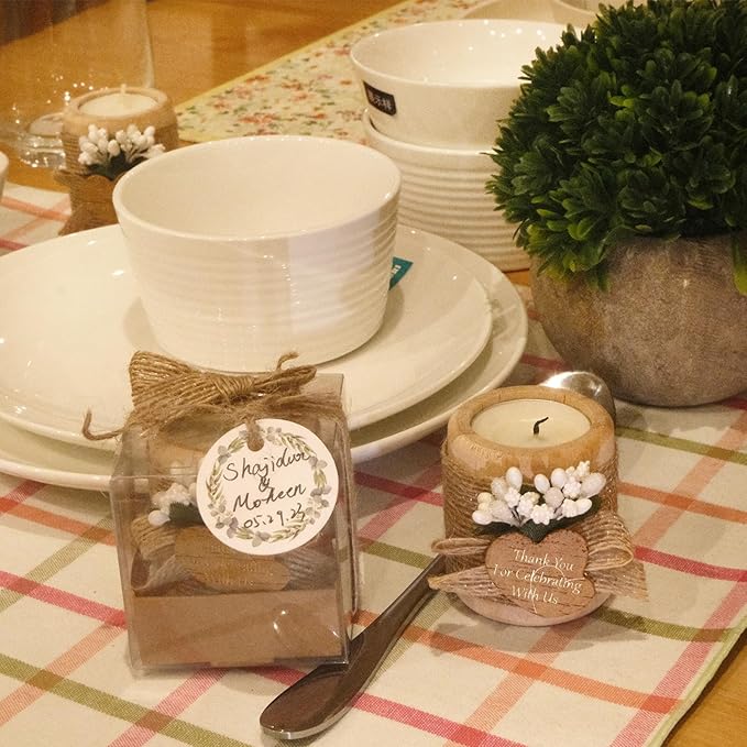 12PCS Wooden Tealight Candle Holders, Wedding Thank You Favors for Guests, Baptism/Bridal Shower Centerpieces for Tables, Wood Cylinder Candle Set for Baby Shower Decorations(Double Heart Tag)