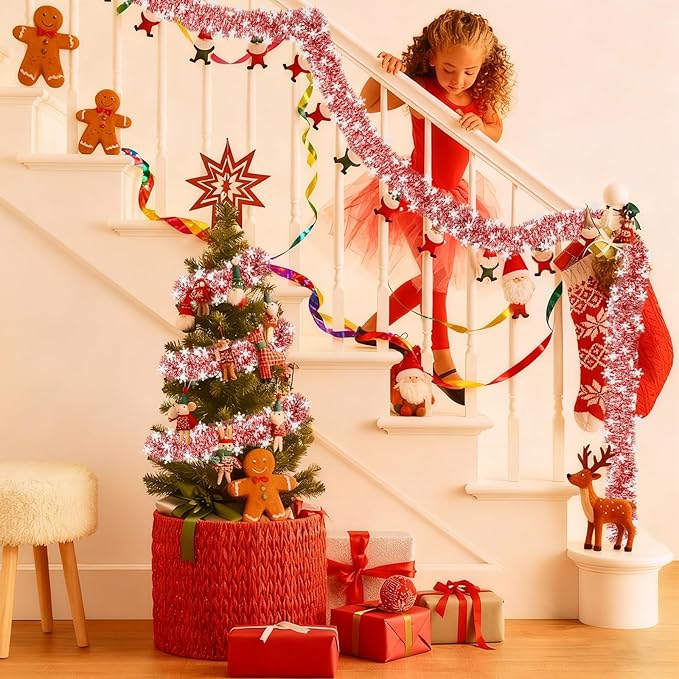 50Ft Christmas Tinsel Garland, Red and Snowflake Tinsel Garland Metallic Twist Shiny Garland for Xmas Tree Decorations, Tinsel for New Year Party Ceiling Hanging Decorations Indoor and Outdoor Decor