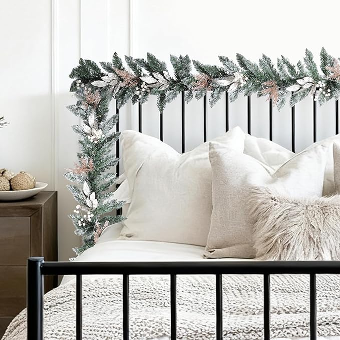 Bdor 6FT Christmas Garland with Glitter Leaves and Berries – Pre-Lit Artificial Pine Garland with Champagne Gold Accents – Elegant Holiday Decoration for Mantel, Staircase, Fireplace, and Front Door