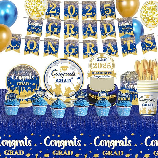 2025 Congrats Grad Party Decorations Blue and Gold Graduation Party Supplies with 2025 GRAD CONGRATS Banner Balloons Cake Toppers Tablecloth Plates Napkins Cups for Graduation Decorations