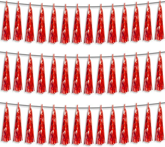 3P Red Foil Fringe Metallic Tassel Streamers Banner Tassel Garland for Parade Floats, Bachelorette, Wedding, Birthday, Halloween, Christmas, Bridal/Baby Shower Party Decorations