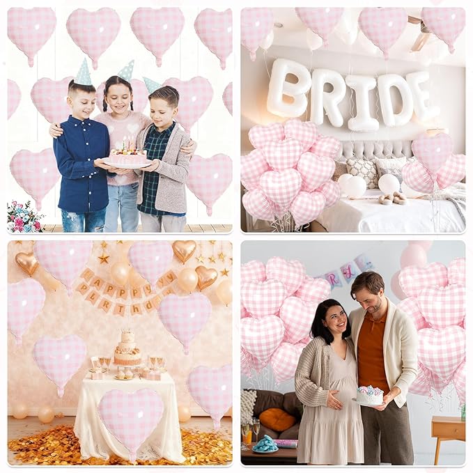 Pink White Checkered Heart Balloons, 10 Pcs Light Pink Grid Heart Shape Balloon, 18 Inch Lattice Foil Valentines Balloons for Kids Girls Birthday Wedding Valentines Bridal Baby Shower Party Decoration