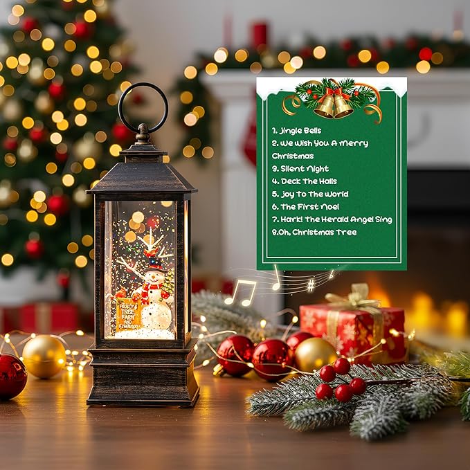 10'' Frosty's Tree Farm Snowman Musical Lighted Snow Globe Water Lantern with Swirling Glitter Decoration for Christmas Home, Living Room, Battery Operated or USB Powered