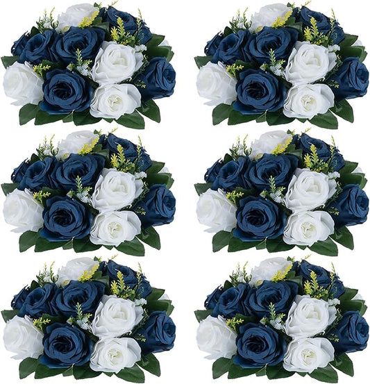 NUPTIO Artificial Flower Centrepieces for Tables - 6 Pcs Navy Blue & White Fake Flowers Roses Balls 9.5in Diameter - Silk Faux Rose Arrangement for Wedding Party Centerpiece Table Decorations