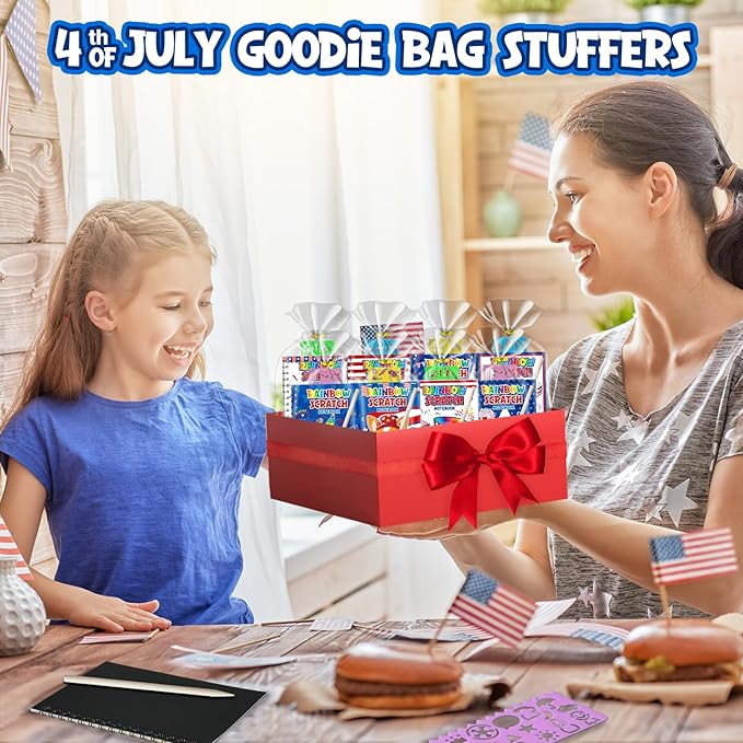 Party Favors for Kids: 24 Pack 4th of July Rainbow Scratch Art Notebook Classroom Supplies Bulk for Girls Boys Goodie Bags Stuffers, Independence Day Party Gift Kid Crafts