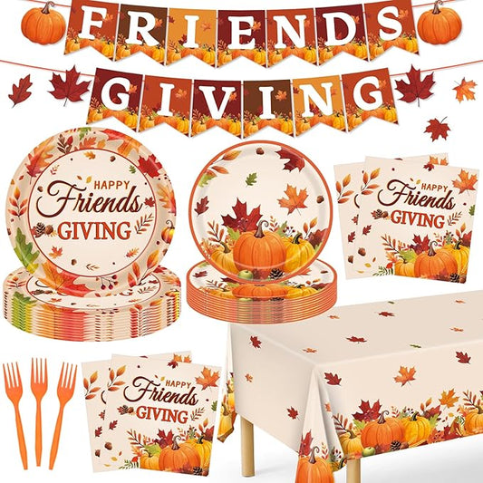REDWORD Friendsgiving Plates, 98Pcs Friendsgiving Paper Plates-Serve 24 with Friends Giving Banner Fall Pumpkin Tablecloth Napkins for Fall Thanksgiving Friends giving Party Decorations