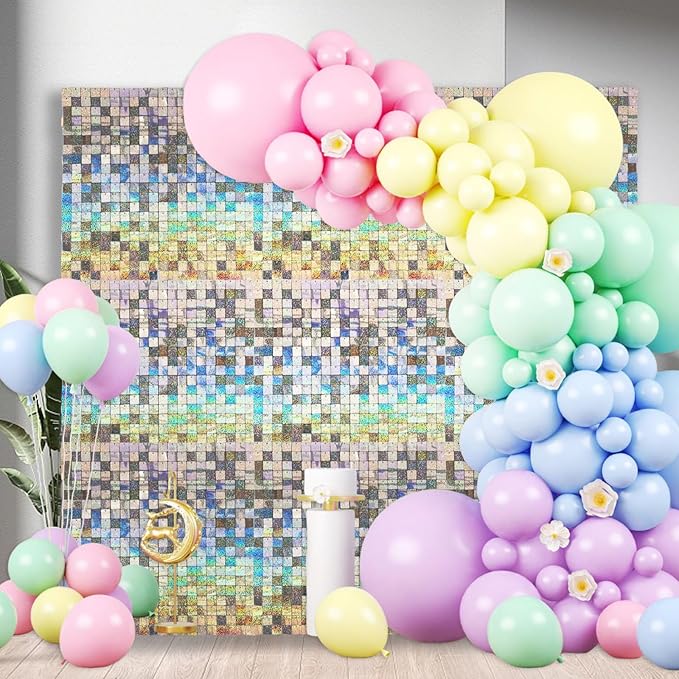 36 PCS Silver Shimmer Wall Backdrop, Laser Square Sequin Photo Backdrops Panel, Glitter Wall Background for Birthdays, Weddings, Halloween, Engagements, Disco Bachelorette Party Decoration (6FTx6FT)