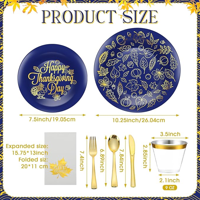 Shellwei 280 Pcs Thanksgiving Dinnerware Sets, Navy Blue Disposable Plates Includes 40 Dinner Plates 40 Cups 40 Dessert Plate 40 Paper Napkins 40 Forks Knives Spoons Supplies for Thanksgiving Day