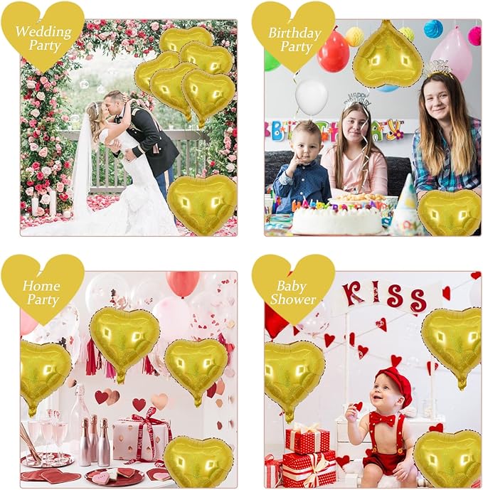 Biapian Glitter Gold Heart Balloons - 10PCS Foil, 18inch Valentines Love Balloons for Valentines Day, Wedding, Graduation, Birthday, Baby Shower Party Decorations