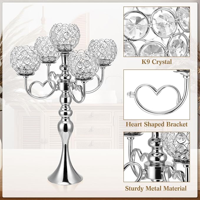 2 Pack 5 Arm Crystal Candelabra Centerpieces 21.5 Inch Tall Candle Holder Table Candelabra Stand with Crystal Candle Holder Bowl for Home Wedding Anniversary Dinner Party Table Decoration (Silver)