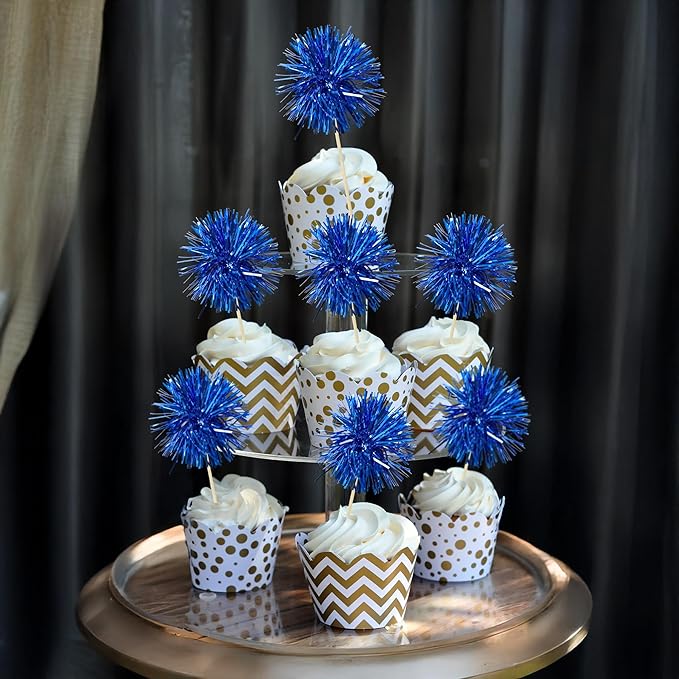 Ephlyn 30Pcs Foil Firework Cupcake Toppers Sparkles Fireworks Sticks Birthday Decorations Sparkle Tinsel Cocktail Fruit Toothpick for Birthday Wedding Graduation Party Cake Decorations Blue