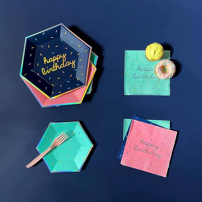 Harlow & Grey Sprinkles Party Plates and Napkins Set, 60-pc Bright Happy Birthday Kit, Multi- Color Pack w/ Pink, Teal, Navy Blue Disposable Paper Dinnerware Supplies for Kids, Adult Parties