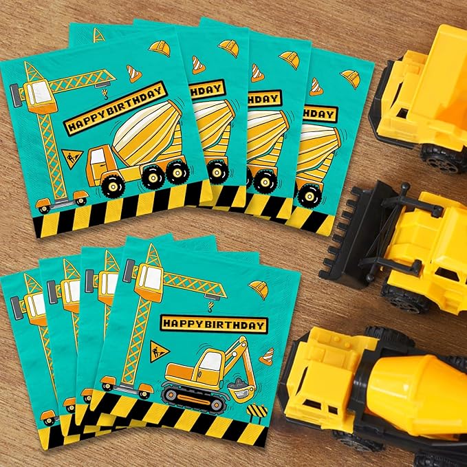 Construction Birthday Party Supplies Kit - Disposable Paper Plates, Napkins, Cups, Tablecloth, & Banner - Construction Theme Birthday Party Decorations, Serve 25