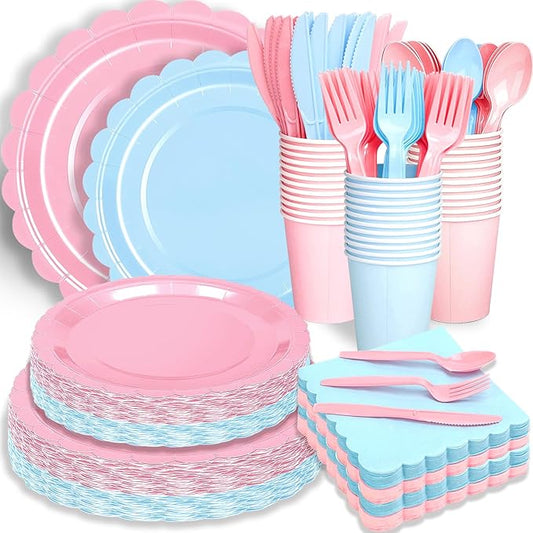 416 Pcs Pink And Blue Party Supplies - For 52 Guests Paper Plates And Napkins Knives Spoons Forks Cups - Disposable Small Scalloped Dinner Party Set Cutlery - For Baby Shower Bridal Shower Wedding