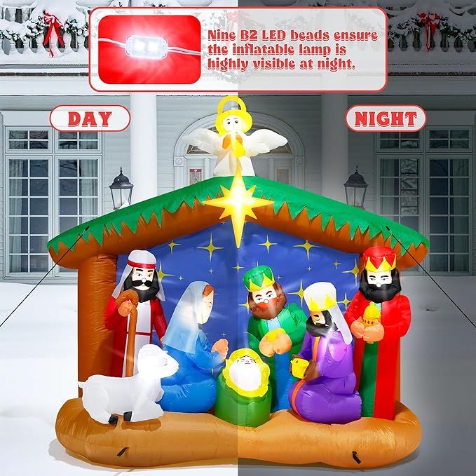 8FT Christmas Inflatables Nativity Scene, Blow Up Christmas Nativity Scene, LED Lighted The Birth of Jesus Scene Inflatables Decor, Christmas Outdoor Inflatable Decor for Xmas Yard Lawn Patio