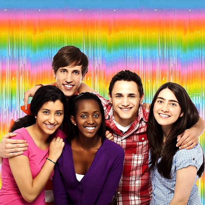 4 Pack Macaron Rainbow Foil Fringe Curtain Backdrop, 3.28Ft x 8.2Ft Metallic Tinsel Foil Fringe Streamer Curtains for Photo Booth, Birthday, Wedding, New Year’s, Easter Decorations Party Supplies