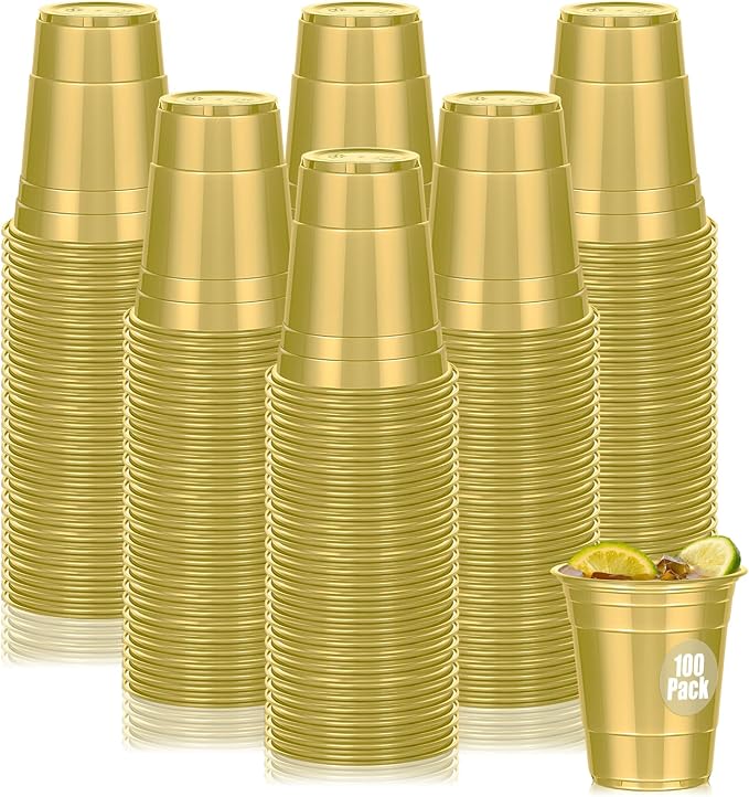 Dualshine 100 Pack Gold Plastic Cups 16 oz,Disposable Cups for Party,Heavy Duty Drinking Cups, Graduation Shot Cup for Wedding Birthday Beer Taste Serving Snack Sample Tastings Barbecues Picnic